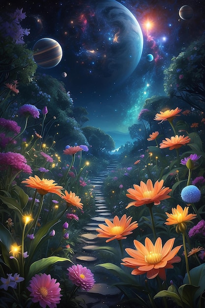 A cosmic garden with planets as flowers and stars as fireflies