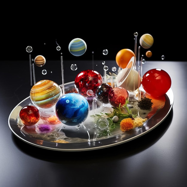 Foto l'estravaganza gastronomica cosmica un piatto di pianeti di gastronomia molecolare