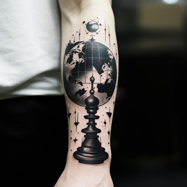 The Cosmic Glitch A Tattoo of a Blackedout Earth with a King Chess Piece in the Universe