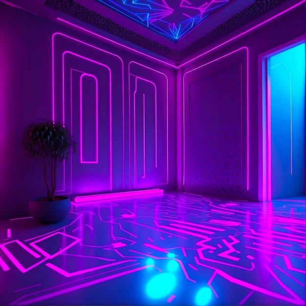 Cosmic Glow Elegance with a captivating 3D neon effect on the background wall and floor