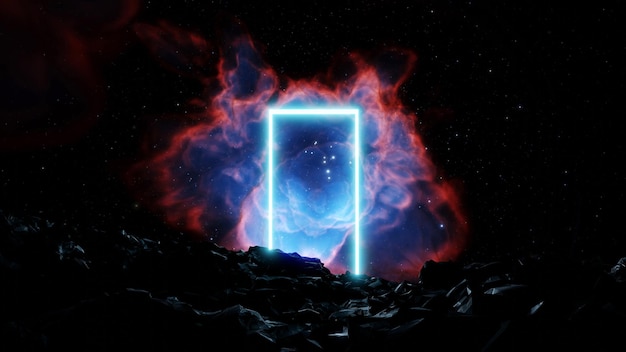 Cosmic glowing portal doorway among stones in space Stars planets nebulae and galaxies on the background of a portal in space 3d render