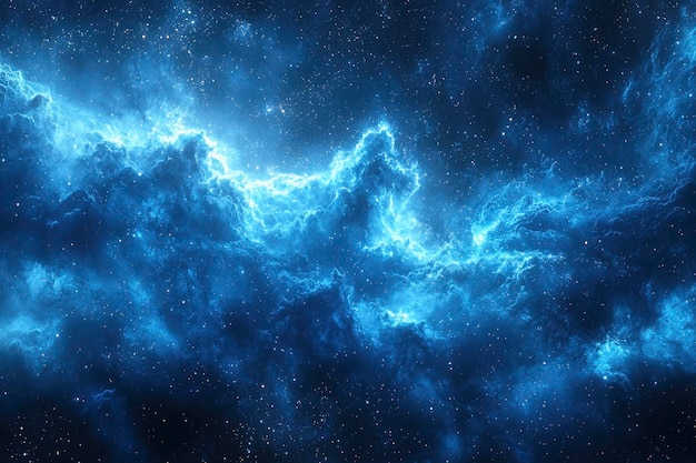 a cosmic landscape of blue nebulae and scattered stars
