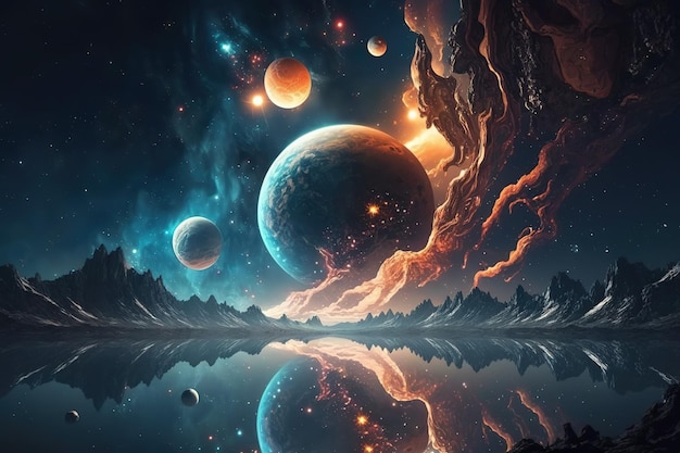 Cosmic landscape view of space and planets cosmic mountains under the light of the moonGenerative AI