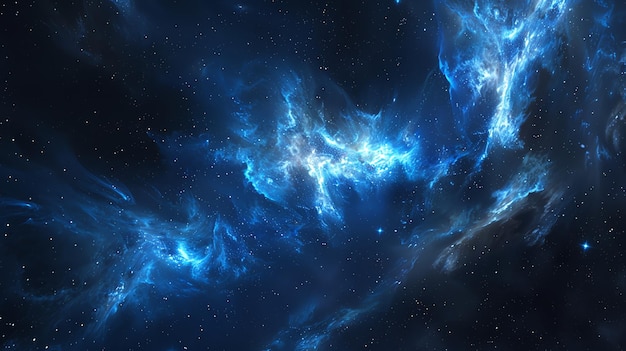 a cosmic landscape with swirling blue nebulae and twinkling stars