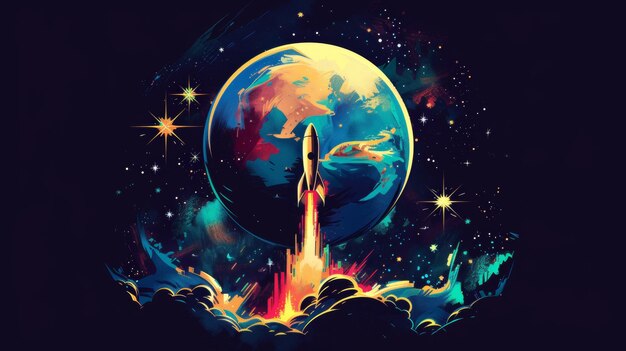 Foto lanciamento cosmico retro futuristica rocket art