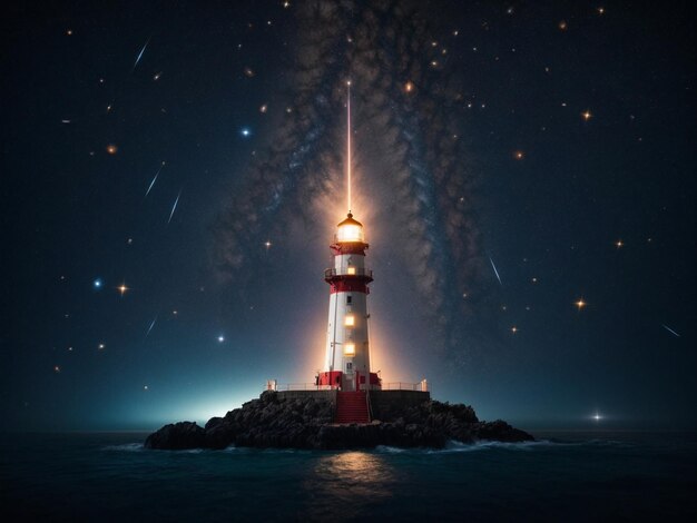 Photo a cosmic lighthouse guiding spaceships with beams made of constellations