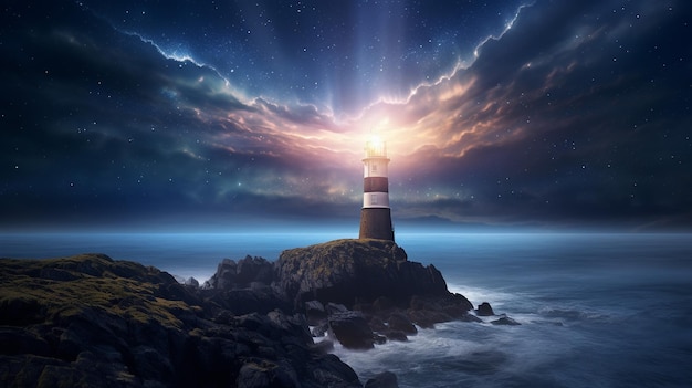 Photo cosmic lighthouse with light star a breathtaking astrophotography image