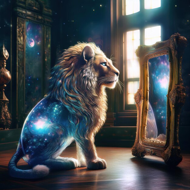 Cosmic Lion SelfReflection | Premium AI-generated image