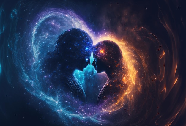 Cosmic love Beautiful illustration two silhouettes surrounded by particles and radiance