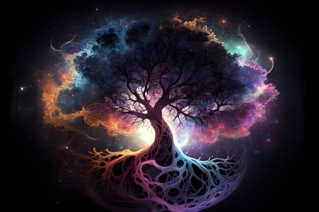 Cosmic nebula growing gigantic tree growing on asteroid universe majestic dreamy extraterrestial planet Generative AI