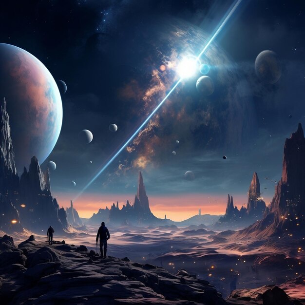 Cosmic Odyssey Futuristisch ruimtelandschap met planeten Sterren en Galaxy Ai