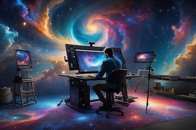 Cosmic Painters Studio De abstracte schoonheid van een AI penseel Crafting Strokes of Light and Color in a Nebular Masterpiece een samenwerking tussen Machine en de Cosmos