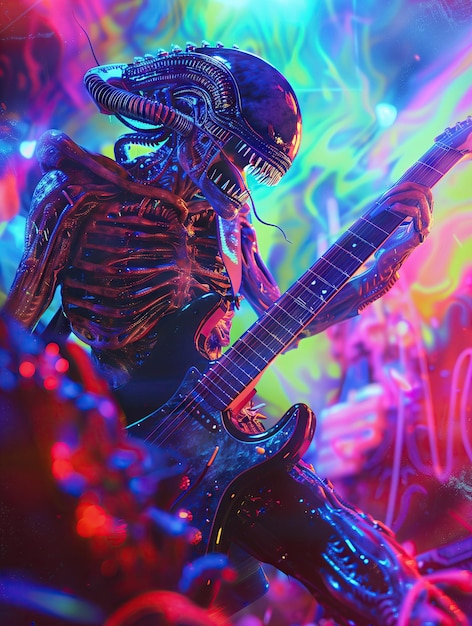 Cosmic Rockstar buitenaardse gitaar elektrische psychedelische levendige schepsel kosmische muziek rockstar kleurrijke neon sci-fi buitenaardsche prestaties muzikant futuristische kunst fantasie surrealistisch
