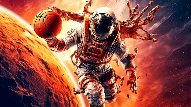 In the cosmic solitude of mars an astronaut goes for a three pointer the basketball soaring against the rust colored backdrop a game of celestial hoops