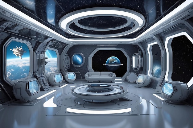 Космическая комната космической станции впитывает в себя инопланетный дизайн