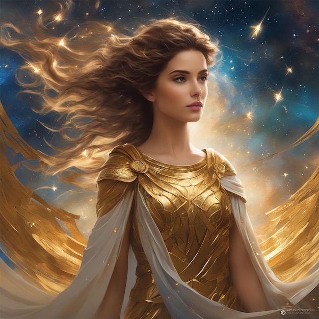 Photo cosmic style galaxy girl in golden armor