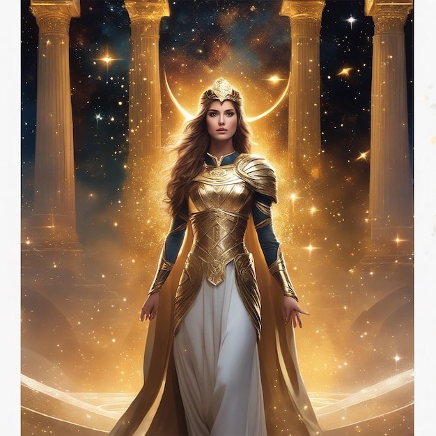 Photo cosmic style galaxy girl in golden armor