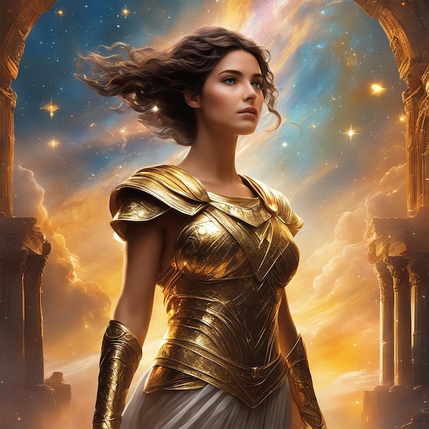 黄金の鎧を着た宇宙風の銀河少女