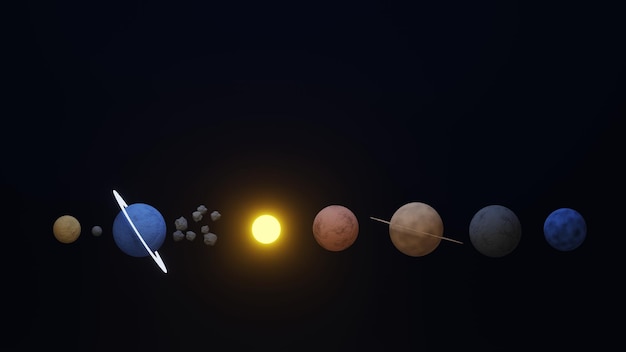 輝く星と惑星を使った宇宙のテーマ3Dレンダリング