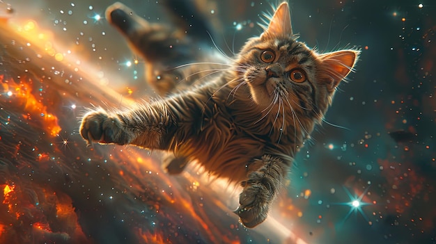 宇宙の曲がりくねり - 宇宙飛行士の猫が星の間で重量なしに浮かび謎を探求している