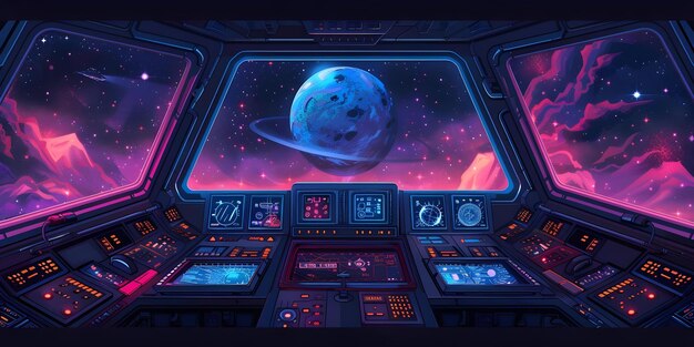 Photo cosmic view cartoonstyle spaceship cockpit with panels and windows concept cartoon spaceship cosmic design scifi cockpit fun illustration imaginary universe