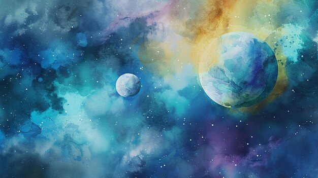 Cosmic Watercolor Planetary Scene