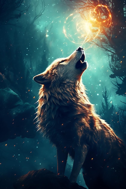 A cosmic wolf howling beneath a shimmering moon realistic photo