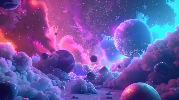 Cosmic wonderscape stunning 3D space scene adorned with colorful planets stars and nebulae invoking a sense of the universes immense beauty and intrigue 3d backgrounds