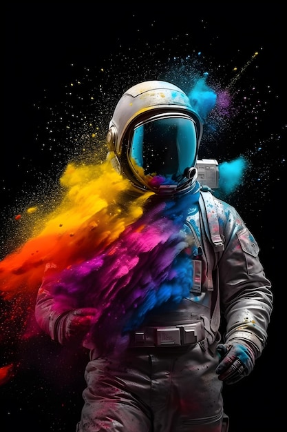 宇宙飛行士が虹の色の前で 粉末爆発を生み出します