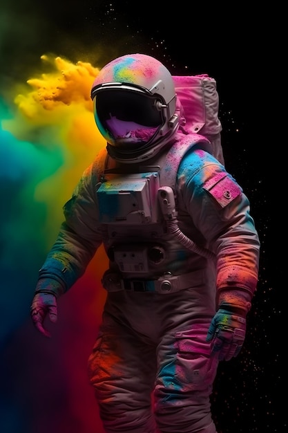 宇宙飛行士が虹の色の前で 粉末爆発を生み出します