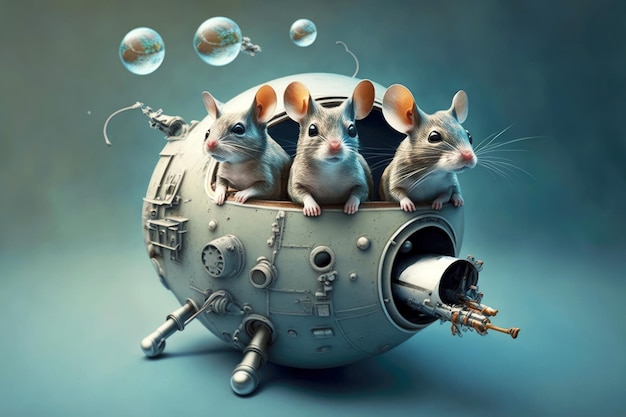 Cosmonaut mice in spacecraft with overflowing legs on blue grey background generative ai