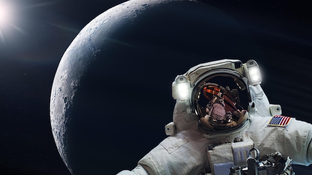 Cosmonaut in outer space on Moon planet background