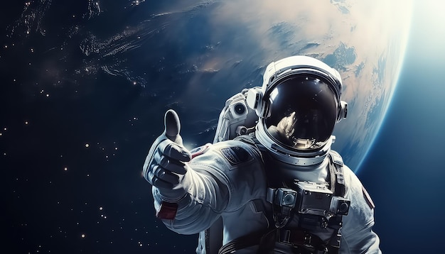 엄지손가락을 보여주는 우주 공간의 우주 비행사