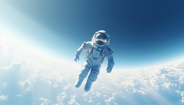 Photo cosmonaut in spacesuit in outer space levitating