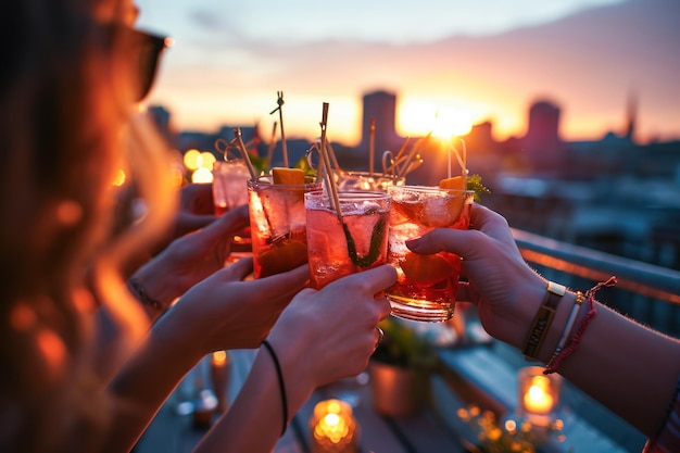 Foto una serata sul tetto di cosmopolitan un gruppo di amici che fanno scintillare i bicchieri con i cosmopolitans
