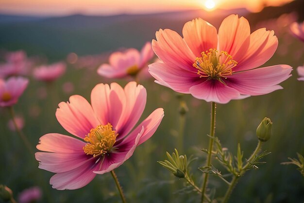 Cosmos bloem close-up op zonsondergang achtergrond met zachte selectieve focus