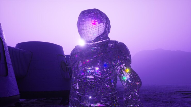 Photo cosmos concept a diamond astronaut walks across against the backdrop of a space base purple color d