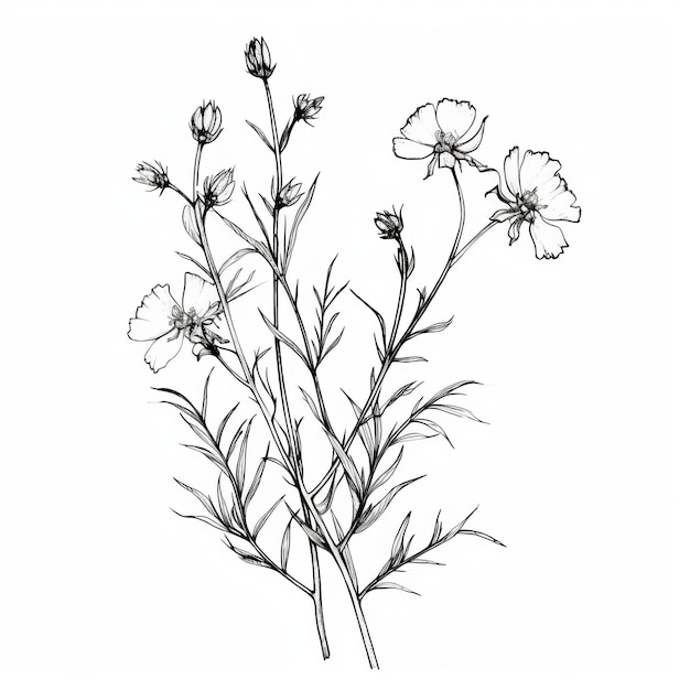 Photo cosmos delicate black and white flower drawing in firecore style