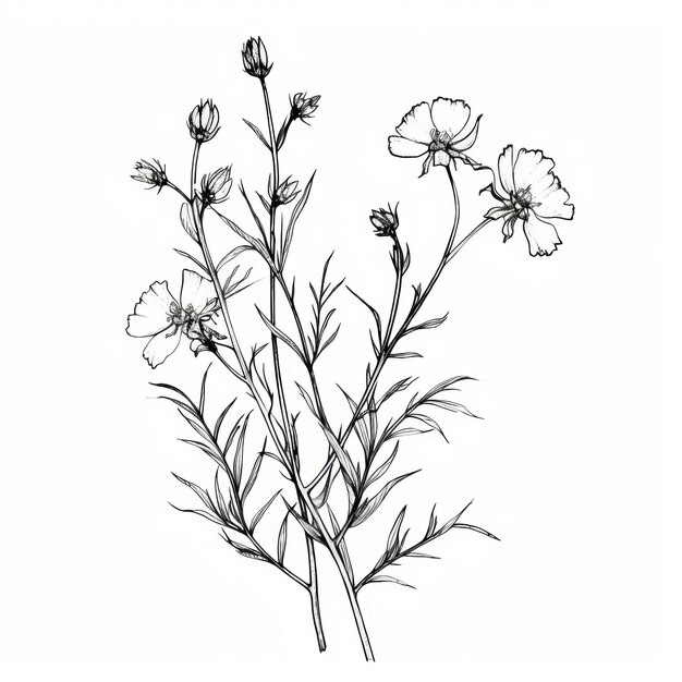 Foto cosmos delicate zwart-witte bloemtekening in firecore-stijl