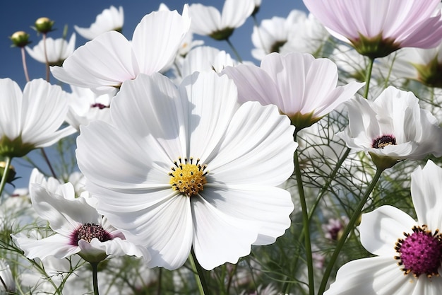 青空を背景に庭に咲くコスモスの花