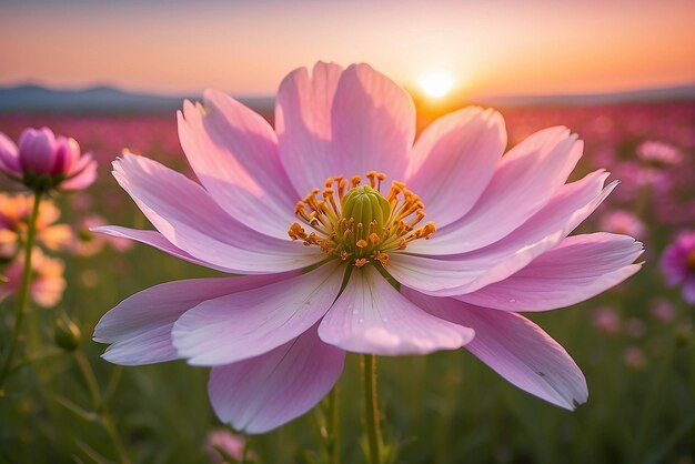 コスモスの花は柔らかい選択的な焦点で日没の背景に近づきます