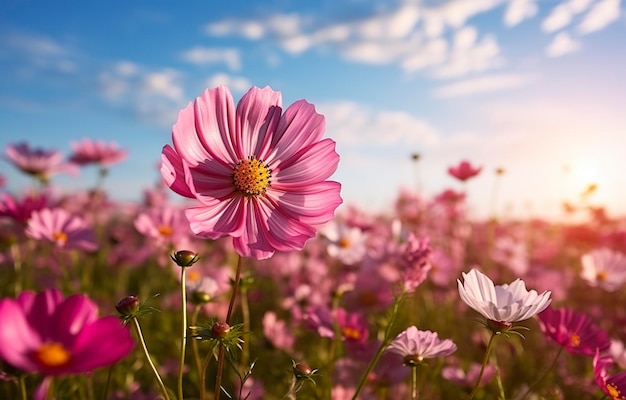 A cosmos flower face to sunrise in field Generative AI