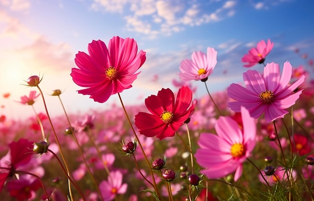 Foto un fiore cosmo di fronte all'alba nel campo