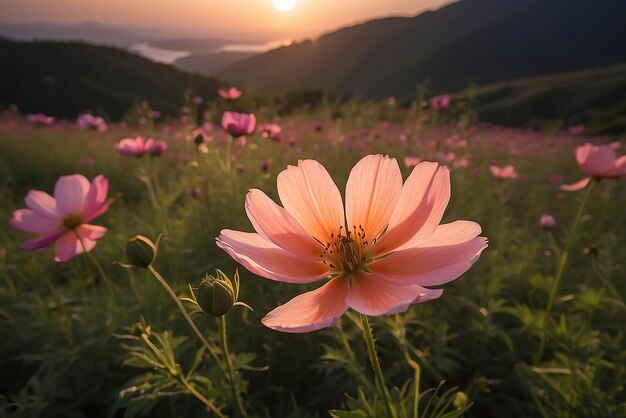 夕暮れの光に輝く宇宙の花