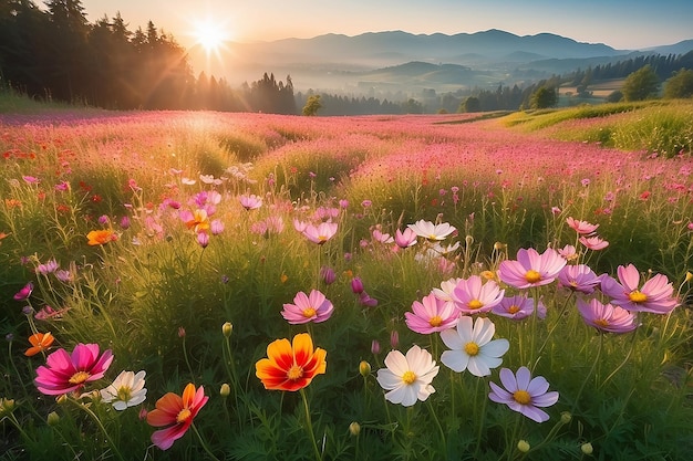 朝の太陽の光の下の宇宙の花畑