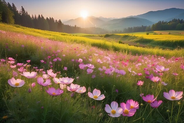 Cosmos flowers field under morning sun light