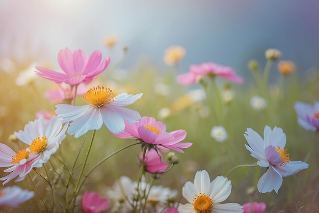 Cosmos flowers in the garden with copyspace background vintage style soft focus