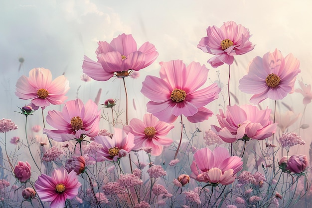 Cosmos flowers wallpaper design illustration and white background