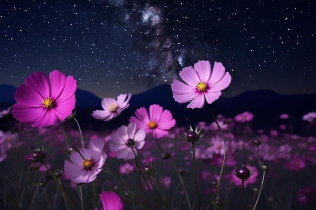 밤에는 별이 빛나는 하늘과 은하수가 있는 코스모스 꽃
