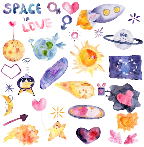 Cosmos in love watercolor elements set